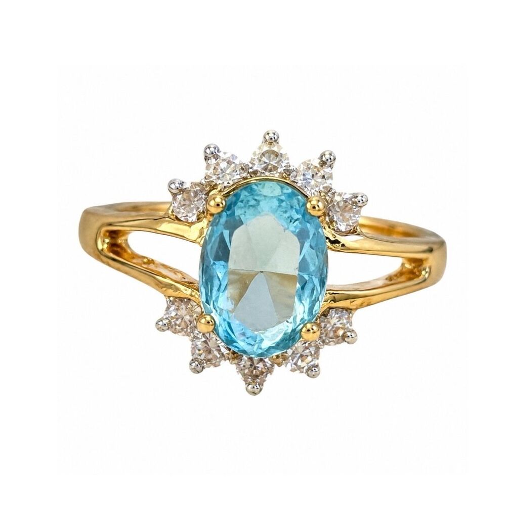 Vintage 1970s Cocktail Ring Size 9 Blue CZ 14KT Gold Plated - 14X